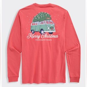 Vineyard Vines Retro Van & Tree Christmas Long-Sleeve Pocket Tee Red Sz L NWT